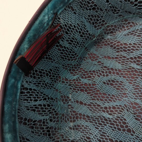 Vintage Maroon Satin Hat with Blue Veil and 3 bows - Picture 5 of 8